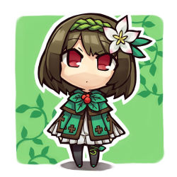 Rule 34 | 1girl, bad id, bad pixiv id, borrowed character, brown hair, chibi, chroma000, chroma (chroma000), flower, flower on head, hairband, leaf, looking up, original, pantyhose, red eyes, short hair, solo