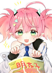 Rule 34 | 1girl, :3, ahoge, bag of chips, blue archive, blue necktie, blush, claw pose, collared shirt, food, green eyes, hair between eyes, hair ornament, highres, holding, holding food, horns, jacket, long sleeves, looking at viewer, medium hair, momoka (blue archive), natyu1019, necktie, off-shoulder jacket, off shoulder, open mouth, pink hair, pointy ears, pov, pov hands, shirt, simple background, sleeveless, sweat, twintails, upper body, white jacket, white shirt