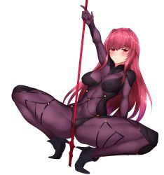 Rule 34 | 1girl, :o, absurdres, arm support, arm up, armor, black footwear, blush, bodysuit, boruhis, cameltoe, covered erect nipples, covered navel, crotch rub, fate/grand order, fate (series), female focus, full body, gae bolg (fate), hair intakes, high heels, highres, holding, holding polearm, holding spear, holding weapon, leaning, leaning back, long hair, looking at viewer, neck, pauldrons, polearm, purple bodysuit, red eyes, red hair, rubbing, scathach (fate), sexually suggestive, shoes, shoulder armor, simple background, skin tight, solo, spear, spread legs, type-moon, v-neck, weapon, white background