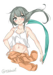 Rule 34 | 10s, 1girl, alternate hairstyle, bad id, bad twitter id, bare arms, bare shoulders, blush, breasts, cleavage, closed mouth, clothes around waist, collarbone, cowboy shot, crop top, ebifurya, eyebrows, grey eyes, grey hair, groin, hair down, hand on own hip, highres, holding, inactive account, kantai collection, long hair, looking at viewer, medium breasts, navel, simple background, sleeveless, smile, solo, stomach, tank top, twitter username, white background, yuubari (kancolle)