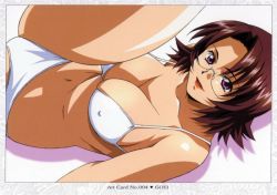 Rule 34 | 00s, 1girl, :d, bikini, breasts, brown hair, cleavage, covered erect nipples, female focus, glasses, ikkitousen, large breasts, leg up, lipstick, looking at viewer, lying, makeup, mature female, naughty face, navel, nipples, on back, open mouth, parted bangs, purple eyes, red lips, shadow, short hair, sideboob, simple background, smile, solo, sonsaku goei, spread legs, swimsuit, white bikini