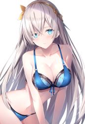 Rule 34 | 1girl, all fours, anastasia (fate), bad id, bad pixiv id, blue bra, blue eyes, blue panties, blush, bra, breasts, cleavage, collarbone, commentary, fate/grand order, fate (series), groin, hair between eyes, hair over one eye, hairband, highres, leaning forward, lingerie, long hair, looking at viewer, medium breasts, navel, panties, parted lips, rin yuu, sidelocks, silver hair, simple background, solo, stomach, underwear, underwear only, very long hair, white background