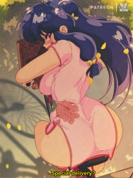 Rule 34 | 1girl, ass, bell, bicycle, blue hair, bluethebone, blush, breasts, china dress, chinese clothes, commentary, dress, english commentary, english text, falling leaves, from behind, hair bell, hair ornament, highres, jingle bell, large breasts, leaf, long hair, looking at viewer, looking back, paid reward available, pink dress, purple eyes, ranma 1/2, retro artstyle, riding, riding bicycle, shampoo (ranma 1/2), short sleeves, side slit, solo, subtitled