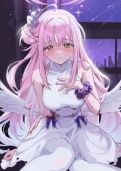 Rule 34 | 1girl, angel wings, bare shoulders, black dress, black pantyhose, blood, blood on arm, blood on clothes, blue archive, blush, breasts, commentary, crying, dress, facing viewer, feathered wings, flower, hair bun, hair flower, hair ornament, halo, hand on own chest, hand up, highres, large breasts, looking down, low wings, mika (blue archive), night, night sky, onyu on, pantyhose, pink hair, pink halo, scrunchie, single side bun, sitting, sky, sleeveless, sleeveless dress, solo, torn clothes, torn pantyhose, white wings, wings, wrist scrunchie, yellow eyes