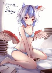 Rule 34 | arm support, barefoot, bird wings, blue bra, blue hair, blue panties, book, bow, bow bra, bow panties, bra, breasts, collarbone, commission, curtains, feathered wings, frilled bra, frilled panties, frills, head wings, highres, horns, kashiwagi yamine, looking at viewer, multicolored hair, panties, red eyes, red wings, second-party source, seiza, short hair, single head wing, sitting, small breasts, solo, source, tokiko (touhou), touhou, two-tone hair, underwear, underwear only, white hair, wings