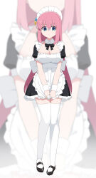 Rule 34 | 1girl, absurdres, alternate costume, apron, black dress, black footwear, blue eyes, bocchi the rock!, breasts, cleavage, closed mouth, cube hair ornament, dress, eliteneet, enmaided, frilled apron, frills, full body, gotoh hitori, hair between eyes, hair ornament, highres, large breasts, long hair, maid, maid apron, maid headdress, one side up, pink hair, puffy short sleeves, puffy sleeves, shoes, short sleeves, solo, thighhighs, white apron, white thighhighs, wrist cuffs, zoom layer