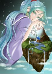 Rule 34 | 1girl, artist name, blue hair, chrono trigger, cloud, dated, earrings, female focus, floating island, green eyes, hairband, highres, jewelry, long hair, looking at viewer, maruno, necklace, open mouth, pendant, ponytail, purple robe, red hairband, robe, schala zeal, sky, solo
