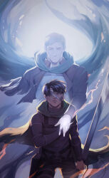 Rule 34 | 2boys, bandage over one eye, bandaged head, bandages, belt, black belt, black hair, blonde hair, brown coat, brown shirt, cape, coat, erwin smith, ghost, gravesecrets, hand on another&#039;s hand, highres, holding, holding weapon, injury, levi (shingeki no kyojin), long sleeves, male focus, multiple boys, parted lips, shingeki no kyojin, shirt, short hair, torn cape, torn clothes, weapon, white shirt