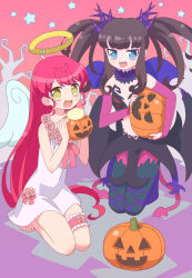 Rule 34 | 2girls, :d, angel, angel and devil, baozi, bare shoulders, bare tree, barefoot, black pantyhose, black skirt, blue eyes, boots, brown hair, commentary request, demon tail, dress, elbow gloves, fang, flower, food, full body, gloves, hair down, halloween, halloween costume, halo, hands up, holding, holding food, holding vegetable, idol clothes, jack-o&#039;-lantern, kneeling, ku (residual666), kurosu aroma, long hair, looking at viewer, multiple girls, navel, open mouth, pantyhose, pink flower, pink gloves, pink rose, pretty series, pripara, pumpkin, purple footwear, red hair, rose, shiratama mikan, skirt, smile, star (symbol), tail, thigh strap, tree, twintails, vegetable, very long hair, white dress, white wings, wings, yellow eyes, yellow halo