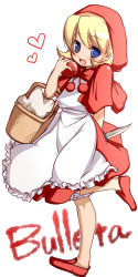 Rule 34 | 1girl, apple, apron, basket, blonde hair, blue eyes, bow, bulleta, capcom, character name, dagger, dress, food, fruit, full body, happy, heart, holding, holding dagger, holding knife, holding weapon, hood, knife, kosumo, long image, red apple, red dress, ribbon, shawl, shoes, short hair, simple background, solo, tall image, vampire (game), weapon