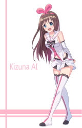 Rule 34 | 1girl, :d, absurdres, arms behind back, blue eyes, blush, boots, breasts, brown hair, character name, collarbone, detached sleeves, floating hair, full body, hairband, highres, kizuna ai, kizuna ai inc., leaning forward, long hair, looking at viewer, medium breasts, midriff, open mouth, pink hairband, shirt, short shorts, shorts, sideboob, sleeveless, sleeveless shirt, smile, solo, standing, stomach, swept bangs, thigh boots, thighhighs, very long hair, virtual youtuber, white footwear, white shirt, white shorts, yang (wuhan)