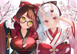 Rule 34 | 2girls, adjusting eyewear, android, artist name, black bow, blush, bow, breasts, brown hair, cherry blossoms, closed mouth, commentary request, falling petals, flower, frilled sleeves, frills, glasses, gradient hair, hair bow, hair flower, hair ornament, hand up, highres, hololive, horns, japanese clothes, kanzashi, kimono, large breasts, long hair, long sleeves, looking at viewer, mechanical arms, medium hair, multicolored hair, multiple girls, nail polish, nakiri ayame, nakiri ayame (new year), nanaushi, official alternate costume, official alternate hairstyle, oni, petals, ponytail, red bow, red eyes, red hair, red kimono, red nails, roboco-san, roboco-san (new year), short ponytail, side-by-side, sidelocks, skin-covered horns, smile, streaked hair, teardrop-framed glasses, upper body, virtual youtuber, watermark, white hair, white kimono, wide sleeves, yellow eyes