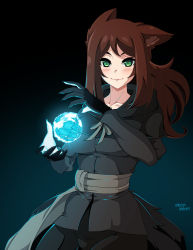 Rule 34 | 1girl, animal ear fluff, animal ears, animal hands, black coat, black skirt, blue background, blush, brown hair, closed mouth, coat, commentary, cowboy shot, english commentary, green eyes, hands up, highres, long hair, looking at viewer, magic, monster girl, original, reddgeist, sash, signature, skirt, slit pupils, smile, solo
