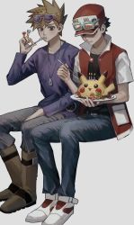 Rule 34 | 2boys, baseball cap, belt, black shirt, blouse, blue oak, boots, brown footwear, brown hair, candle, creatures (company), eating, eyewear on headwear, fire, food, fork, game freak, gen 1 pokemon, grey pants, hand up, hat, highres, holding, holding fork, holding plate, jacket, jewelry, long sleeves, male focus, multiple boys, necklace, nintendo, open clothes, open jacket, pants, pants tucked in, pikachu, plate, pokemon, pokemon (creature), pokemon rgby, purple-framed eyewear, purple shirt, red (pokemon), sekaiitinoki, shirt, short sleeves, spiked hair, sunglasses, white footwear