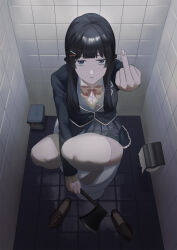 Rule 34 | 1girl, absurdres, arm between legs, arm up, axe, bags under eyes, bathroom, black hair, black jacket, black skirt, blazer, bow, bowtie, cardigan, closed mouth, collared shirt, commentary, english commentary, from above, frown, grey eyes, hair ornament, hair over shoulder, hairclip, half-closed eyes, hatchet (axe), highres, hime cut, holding, holding axe, indoors, jacket, loafers, long hair, long sleeves, looking at viewer, meguma, middle finger, nijisanji, on toilet, pink bow, pink bowtie, pleated skirt, school uniform, shirt, shoes, skirt, solo, squatting, thighhighs, tile floor, tile wall, tiles, toilet, toilet paper, trash can, tsukino mito, tsukino mito (1st costume), unworn shoes, virtual youtuber, white shirt, white thighhighs, yellow cardigan