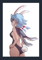 Rule 34 | 1girl, ahoge, animal ears, asagi glauca, ass, back, backless leotard, black leotard, blue eyes, blue hair, border, breasts, carrot hair ornament, cowboy shot, extra ears, fake animal ears, food-themed hair ornament, from behind, grey border, hair ornament, hands on own hips, heart, heart ahoge, heart hair ornament, highres, hood, hood down, hooded leotard, leotard, looking afar, medium breasts, medium hair, original, parted lips, rabbit ears, rabbit tail, sideboob, simple background, solo, tail, white background, yan pai