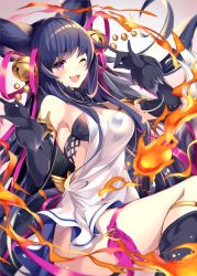 1girl ;d animal_ears bell black_hair black_thighhighs breasts erune fangs fox_ears granblue_fantasy hair_bell hair_ornament highres homaderi jingle_bell large_breasts long_hair looking_at_viewer one_eye_closed open_mouth purple_eyes sideboob smile solo thighhighs very_long_hair yuel_(granblue_fantasy)