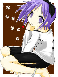 Rule 34 | 00s, anklet, bare shoulders, barefoot, casual, hiiragi tsukasa, jewelry, lucky star, purple eyes, purple hair, short hair, sitting, solo, umiato