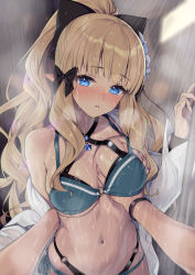 Rule 34 | 1girl, :o, bare shoulders, bikini, black bow, blue bikini, blue eyes, blue ribbon, blunt bangs, blush, bow, breasts, cleavage, collarbone, collared shirt, commentary request, cowboy shot, ear blush, elf, grabbing, grabbing another&#039;s breast, groping, hair bow, hand under clothes, hand under swimsuit, high ponytail, large breasts, layered bikini, long hair, long sleeves, looking at viewer, lunch (shin new), mixed-sex bathing, multi-strapped bikini, navel, nose blush, o-ring, o-ring bikini, open clothes, open mouth, open shirt, pointy ears, pov, princess connect!, rain, ribbon, saren (princess connect!), saren (summer) (princess connect!), shared bathing, shirt, showering, side-tie bikini bottom, sidelocks, solo focus, star (symbol), stomach, swimsuit, very long hair, wet, white shirt, wristband