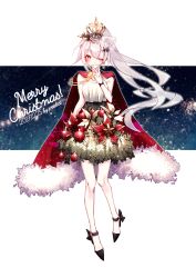 Rule 34 | 1girl, aiguillette, alternate costume, arm at side, bare shoulders, blush, bow, breasts, brown eyes, cape, christmas, christmas ornaments, christmas tree hair ornament, crescent, crescent earrings, crown, decorations, dress, earrings, five-seven (girls&#039; frontline), fur-trimmed cape, fur-trimmed dress, fur trim, girls&#039; frontline, hair ornament, hand to own mouth, highres, jewelry, knees together feet apart, large breasts, long hair, looking at viewer, ponytail, predict, red dress, ribbon, ribbon-trimmed shoes, silver hair, single earring, smile, solo, sparkle, star (symbol), very long hair, yellow eyes