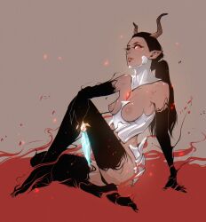 Rule 34 | 1girl, absurdres, black hair, breasts, demon girl, demon horns, fire, full body, glowing, glowing eyes, hand on own knee, highres, holding, holding knife, horns, knee up, knife, medium breasts, nipples, nude, original, parted lips, pointy ears, ponytail, sitting, solo, topless, zeocen