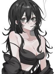 Rule 34 | 1girl, bandeau, bare shoulders, black bandeau, black hair, black jacket, black skirt, blush, breasts, cigarette, cleavage, collarbone, cowboy shot, grey eyes, hair between eyes, highres, hosikage4040, jacket, large breasts, long hair, looking at viewer, messy hair, midriff, mouth hold, navel, off shoulder, open clothes, open jacket, original, pleated skirt, sidelocks, simple background, skirt, smoke trail, smoking, solo, stomach, twitter username, white background