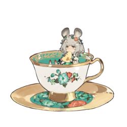 Rule 34 | 1girl, animal ears, cheese, cup, female focus, flower, food, furry, furry female, green flower, mini person, minigirl, mouse ears, mouse girl, mouse tail, simple background, sitting, solo, starshadowmagician, tagme, tail, teacup, white background