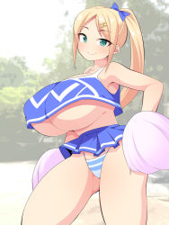 Rule 34 | 1girl, blonde hair, bow, breasts, cheerleader, contrapposto, green eyes, hair bow, hair ornament, hairclip, hand on own hip, highres, huge breasts, looking at viewer, original, outdoors, panties, pom pom (cheerleading), ponytail, solo, striped clothes, striped panties, thick thighs, thighs, uccow, underboob, underwear
