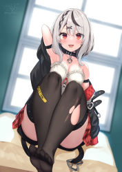 Rule 34 | 1girl, absurdres, arm strap, armpits, black collar, black hair, black thighhighs, blurry, blurry background, blush, breasts, camisole, collar, feet, grey hair, heart collar, highres, hololive, legs, looking at viewer, medium breasts, medium hair, multicolored hair, no shoes, ochinsama, off-shoulder jacket, off shoulder, open mouth, red eyes, sakamata chloe, sitting, skirt, soles, solo, streaked hair, thighhighs, toes, torn clothes, torn thighhighs, virtual youtuber, white camisole