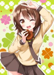 1girl ;d arm_up blush brown_hair brown_necktie brown_sailor_collar brown_skirt burger colorful_background commentary_request cowboy_shot crumbs floral_background food highres holding holding_food long_sleeves looking_at_viewer necktie odagiri_futaba one_eye_closed open_mouth pleated_skirt ruu_(tksymkw) sailor_collar sansha_san&#039;you school_uniform serafuku shirt short_hair skirt smile solo v yellow_eyes yellow_shirt