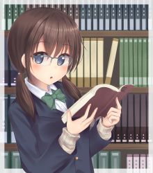 Rule 34 | 1girl, :o, black-framed eyewear, black jacket, blazer, blue eyes, blush, book, bookshelf, bow, brown hair, collared shirt, commentary request, dress shirt, glasses, green bow, hair between eyes, hands up, highres, holding, holding book, jacket, long hair, long sleeves, looking at viewer, low twintails, minakami mimimi, original, over-rim eyewear, parted lips, semi-rimless eyewear, shirt, solo, twintails, upper body, white shirt