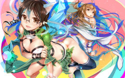 Rule 34 | 10s, 2girls, :d, animal ears, areola slip, arm guards, asada shino, ass, ass-to-ass, ass press, asuna (sao), asuna (sao-alo), bare legs, bare shoulders, barefoot, belt, between breasts, black legwear, blue hair, bracelet, braid, breast hold, breasts, brown eyes, brown hair, buckle, butt crack, cat ears, cat tail, cleavage, close-up, collar, covered erect nipples, earrings, glasses, glint, gradient hair, hair ribbon, highres, jewelry, large breasts, leaning forward, leg up, light particles, loincloth, long sleeves, looking at viewer, looking back, mikazuki akira!, multicolored background, multicolored hair, multiple girls, no panties, open mouth, pink lips, ribbon, rimless eyewear, short hair, single braid, sinon, smile, standing, standing on one leg, sword art online, tail, tareme, thigh strap, thighs, toeless legwear, toes, wallpaper, white ribbon, wristband