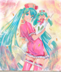 Rule 34 | &gt; &lt;, 1girl, ahoge, aqua eyes, aqua hair, artist name, bandaid, character doll, closed eyes, cosplay, frilled thighhighs, frills, hat, hatsune miku, koiiro byoutou (vocaloid), large syringe, long hair, looking at viewer, looking back, marker (medium), mayo riyo, mini person, minigirl, nurse, nurse cap, oversized object, pastel (medium), pill, pink thighhighs, smile, solo, spring onion, syringe, thighhighs, traditional media, twintails, very long hair, vocaloid