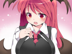 Rule 34 | 1girl, bad id, bad pixiv id, bat wings, between breasts, blush, breasts, commentary request, demon girl, hammer (sunset beach), head wings, koakuma, large breasts, long hair, necktie, necktie between breasts, open mouth, red eyes, red hair, red necktie, smile, solo, touhou, upper body, wings