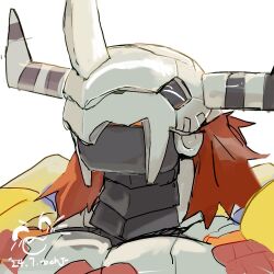 1boy close-up closed_eyes colored_skin digimon digimon_(creature) digimon_day dragon glacier_up_sun happy helmet horns orange_skin red_hair short_hair simple_background solo wargreymon white_background