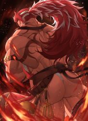 Rule 34 | 1boy, alternate costume, apron, armband, ass, back tattoo, bara, bellsaltr, belt, black background, crossed arms, feet out of frame, fire, fundoshi, granblue fantasy, highres, huge ass, japanese clothes, leather, leather belt, light particles, long hair, male focus, manly, mature male, multicolored hair, muscular, muscular male, official alternate costume, ponytail, red hair, simple background, solo, spatula, spiked hair, spoon, tan, tattoo, thick arms, thick thighs, thighs, white hair, wilnas (apron of ardor) (granblue fantasy), wilnas (granblue fantasy), yellow eyes