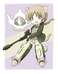 Rule 34 | 1girl, :d, ahoge, animal ears, braid, cat, cat ears, cat tail, chibi, gun, kinosaki (green patio), light brown hair, long hair, lynette bishop, one eye closed, open mouth, panties, purple eyes, simple background, single braid, smile, solo, strike witches, striker unit, striped, striped background, tail, underwear, weapon, world witches series