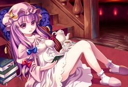 Rule 34 | 1girl, bobby socks, book, bow, crescent, crescent hair ornament, cup, gorota, hair bow, hair ornament, hat, long hair, patchouli knowledge, purple eyes, purple hair, revision, sitting, slippers, socks, solo, stairs, tea, teacup, teapot, touhou, very long hair, white socks
