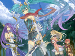 Rule 34 | 4girls, aqua eyes, aqua hair, armor, blonde hair, breasts, building, character request, cleavage, dragon guardian, elbow gloves, gloves, hair ornament, hatsune miku, multiple girls, pink hair, purple hair, red eyes, red scarf, scarf, skirt, sky, small breasts, staff, sword, thighhighs, tree, twintails, vocaloid, weapon, yellow eyes, yukiya