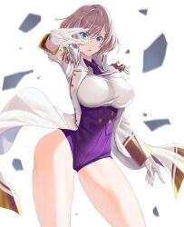 Rule 34 | 1girl, blue eyes, breasts, brown hair, commentary request, corset, gloves, gridman universe, highres, jacket, large breasts, leotard, looking at viewer, military jacket, mujina, navel, necktie, parted lips, purple corset, purple leotard, purple necktie, purple shorts, short hair, short necktie, shorts, solo, ssss.dynazenon, standing, thighs, v, wakusei-planet, white background, white gloves, white jacket