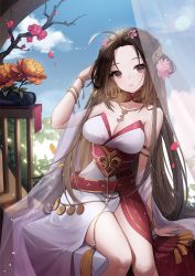 Rule 34 | 1girl, ahoge, ankkoyom, bare shoulders, breasts, brown eyes, brown hair, cleavage, commentary request, copyright request, crescent, day, dress, flower, hair flower, hair ornament, highres, jewelry, large breasts, long hair, looking at viewer, parted lips, pendant, petals, pink flower, red eyes, see-through, sitting, sky, solo, strapless, strapless dress, tassel, very long hair, white dress, wristband, yellow flower