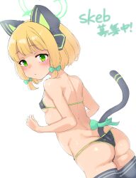 1girl animal_ear_headphones animal_ears ass back bikini black_bikini blonde_hair blue_archive blush breasts cat_ear_headphones cat_tail closed_mouth commentary_request commission cowboy_shot expressionless fake_animal_ears from_behind green_eyes green_halo grey_thighhighs halo headphones highres imazon looking_at_viewer looking_back micro_bikini midori_(blue_archive) short_hair simple_background skeb_commission small_breasts solo swimsuit tail thighhighs white_background