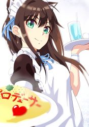 Rule 34 | 1girl, animal ears, apron, bad id, bad pixiv id, bow, bowtie, brown hair, cup, drink, drinking glass, drinking straw, earrings, food, green eyes, heart, highres, holding, holding plate, holding tray, idolmaster, idolmaster cinderella girls, jewelry, ketchup, long hair, looking at viewer, maid, maid apron, maid headdress, omelet, omurice, plate, shibuya rin, shiki (0802makimari), simple background, smile, solo, tray, upper body, white background