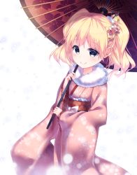 Rule 34 | 10s, 1girl, alice cartelet, bad id, bad pixiv id, blonde hair, blue eyes, hair ornament, highres, japanese clothes, kin-iro mosaic, kokkeina budou, kyouou ena, smile, solo, twintails, umbrella