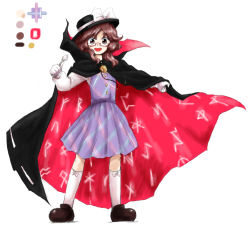 Rule 34 | 1girl, :d, brown eyes, brown hair, cape, clothes writing, full body, glasses, gloves, hat, hat ribbon, huyusilver, official style, open mouth, parody, ribbon, runes, shirt, short hair, skirt, smile, solo, spoon, style parody, touhou, usami sumireko, vest, zun (style)