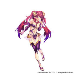 Rule 34 | 1girl, armodias, breasts, copyright notice, dated, demon girl, full body, game cg, grimoire no shisho, hair between eyes, looking at viewer, lowres, official art, purple thighhighs, red eyes, red hair, revealing clothes, sandals, simple background, solo, standing, stomach, tagme, thighhighs, twintails, white background