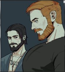 Rule 34 | 2boys, bara, beard, black hair, brothers, facial hair, far cry, far cry 5, from side, full beard, girl staring at guy&#039;s chest (meme), jacob seed, john seed, large pectorals, looking at pectorals, looking down, male focus, mature male, meme, multiple boys, muscle envy, muscular, muscular male, orange hair, pectorals, photo-referenced, short hair, siblings, skaldsnshadow, thick eyebrows, upper body