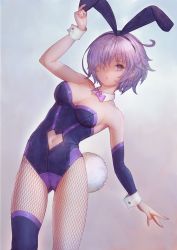 Rule 34 | 1girl, alternate costume, animal ears, arm up, asymmetrical legwear, asymmetrical sleeves, black hairband, breasts, cleavage, clothing cutout, detached collar, detached sleeves, fake animal ears, fake tail, fate/grand order, fate (series), fishnet thighhighs, fishnets, grey background, hair over one eye, hairband, heart cutout, highres, leotard, long sleeves, looking at viewer, mash kyrielight, medium breasts, midriff, navel, navel cutout, pantyhose, pink neckwear, playboy bunny, purple eyes, purple leotard, purple sleeves, purple thighhighs, rabbit ears, rabbit tail, short hair, silver hair, single sleeve, single thighhigh, solo, standing, stomach, strapless, strapless leotard, tail, thighhighs, uneven legwear, uneven sleeves, urokoda, wrist cuffs