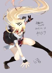 Rule 34 | 1girl, arm between legs, black gloves, black ribbon, black serafuku, black skirt, black socks, blonde hair, blood, blood from mouth, closed mouth, commentary request, dated, feet out of frame, fingerless gloves, fingernails, gloves, grey background, hair between eyes, hair flaps, hair ornament, hair ribbon, hairclip, hatu xxgoukan, holding, holding torpedo, injury, kantai collection, kneehighs, leaning forward, loafers, long hair, neckerchief, one-hour drawing challenge, red eyes, red neckerchief, ribbon, sailor collar, scarf, school uniform, serafuku, shaded face, shoes, short sleeves, signature, simple background, skirt, socks, solo, torpedo, translated, white sailor collar, white scarf, yuudachi (kancolle), yuudachi kai ni (kancolle)