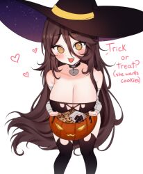 Rule 34 | 1girl, absurdres, bandaged arm, bandages, bare shoulders, black thighhighs, blush, breasts, brown eyes, brown hair, choker, cleavage, collarbone, cookie, english text, feet out of frame, food, from above, hair between eyes, halloween, halloween costume, hat, heart, heart choker, highres, jack-o&#039;-lantern, large breasts, leaning forward, leotard, long bangs, long hair, looking at viewer, open mouth, original, simple background, sky above me, smile, solo, strap gap, strapless, thighhighs, trick-or-treating, very long hair, white background, witch hat
